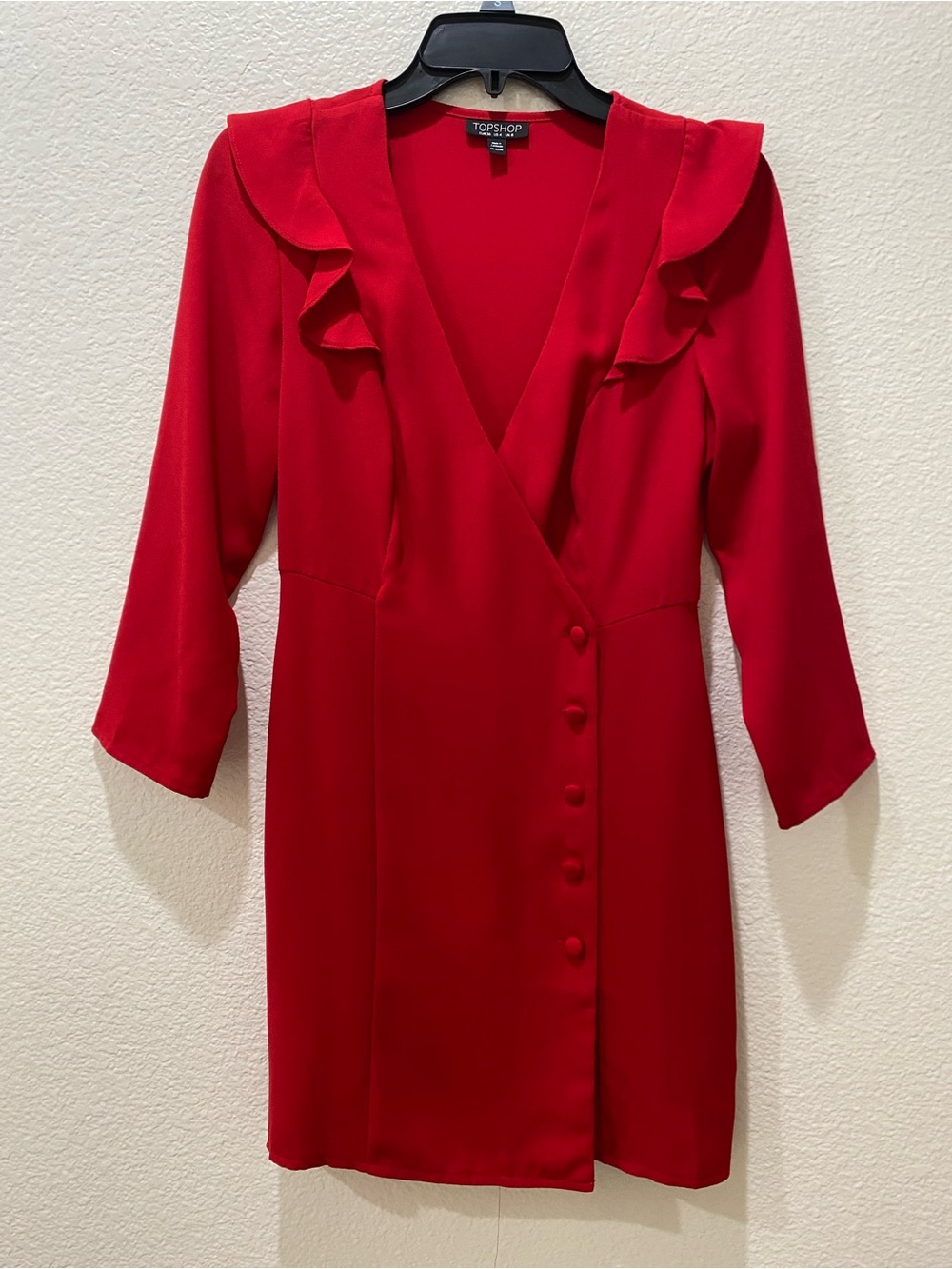 Topshop Red Ruffle Shoulder Side Button Mini Dress Size 4